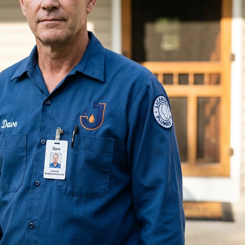 Licensed plumber showing ID badge in Peru, ME