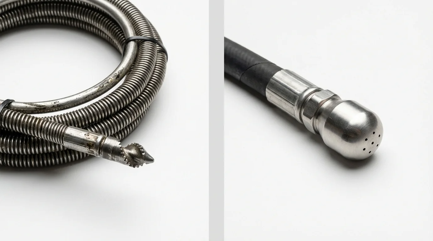 Drain snake cable and hydro jetting nozzle used for drain cleaning in Peru, ME