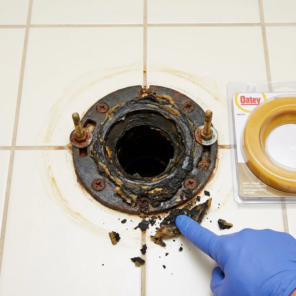 Failed wax ring showing water seepage at the base of a toilet in a Peru, ME home