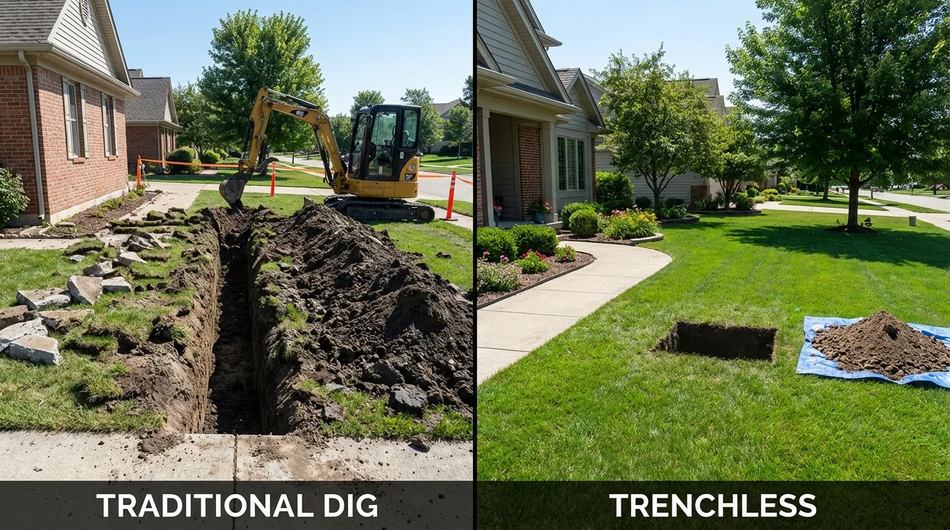 Trenchless sewer repair with minimal yard damage versus traditional excavation in Peru, ME