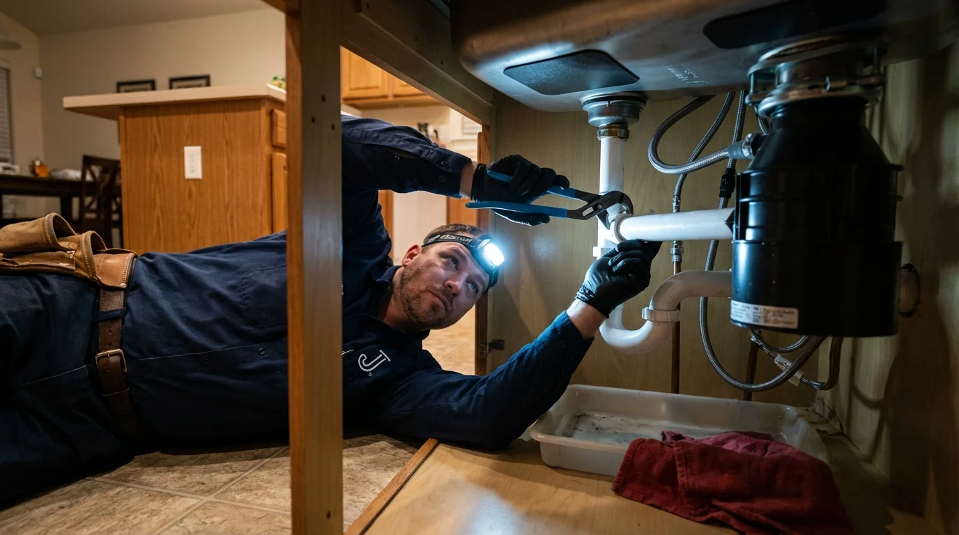 P-trap and supply line connections under a kitchen sink showing a common leak point in Peru, ME